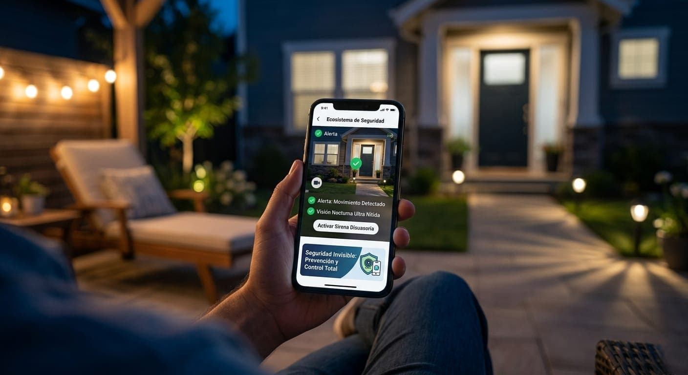 Patio de casa de noche con app de seguridad mostrando alerta de movimiento detectado, visión nocturna y botón de sirena disuasoria