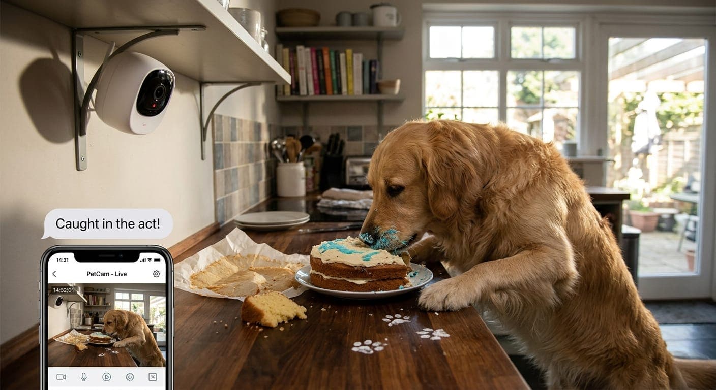 Cámara interior PetCam capturando en vivo a un golden retriever robándose un pastel sobre la encimera de la cocina