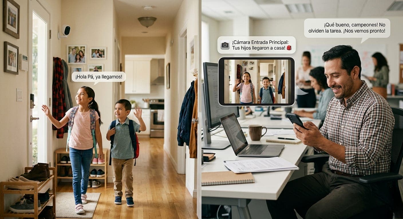 Niños regresan del colegio mientras papá los ve y saluda desde la oficina por la app de la cámara con audio bidireccional