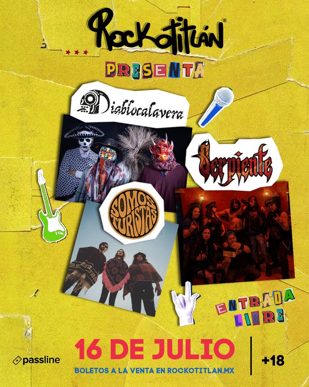 Cartel del evento Serpiente + Diablo Calavera + Somos Turistas en Rockotitlán Satélite
