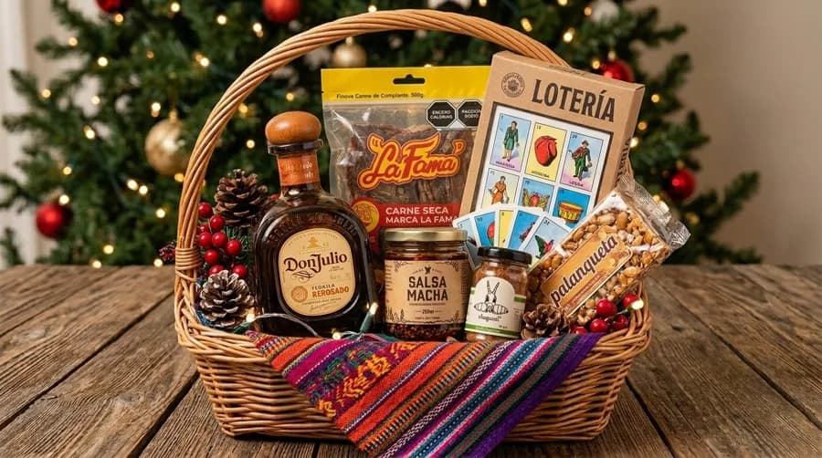 Canasta Mexicana: Lo más querido del país. Tequila Don Julio Reposado, carne seca La Fama, salsa macha, sal de chapulín, palanqueta y un juego clásico de lotería.